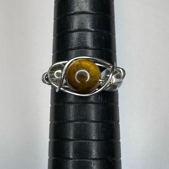 Tiger eye ring silver color glass beads handmade wire wrap - Picture 1 of 5